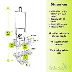 Gecko-Loc Long Adjustable Length Deep Storage Over the Showerhead Hanging Shower Caddy Organizer - Silver