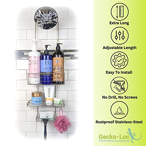 Gecko-Loc Long Adjustable Length Deep Storage Over the Showerhead Hanging Shower Caddy Organizer - Silver