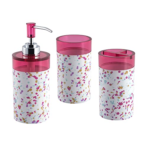 Allure Home Creation Confetti Pink 3-Piece Plastic Set-Soap/Lotion Dispenser-Toothbrush Holder-Tumbler