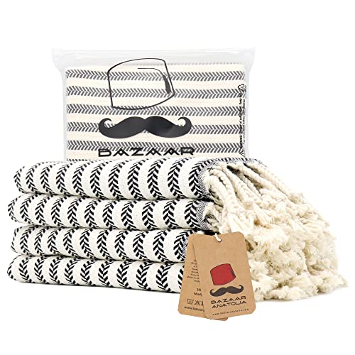 Turkish Hand Towels Set of 4 Arpa Peshtemal Towel 100% Cotton 45x20" Decorative Bathroom Towel Boho Farmhouse Decor Light Weight Quick Dry Hand Bath Hair Gym Face Tea Kitchen Dishcloth Set (Black)