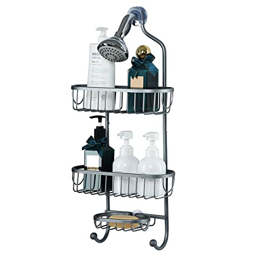 GOODBUY Shower Caddy Over Shower Head, Aluminum Shower Organizer Hanging, Rustproof Shower Rack Shower Shelf Shower Holder for Shampoo and Soap with 2 Wash Cloth Hooks, Gray, 11.8" x 4.7" x 25"