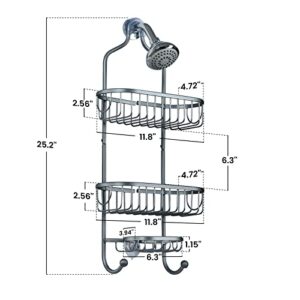 GOODBUY Shower Caddy Over Shower Head, Aluminum Shower Organizer Hanging, Rustproof Shower Rack Shower Shelf Shower Holder for Shampoo and Soap with 2 Wash Cloth Hooks, Gray, 11.8" x 4.7" x 25"