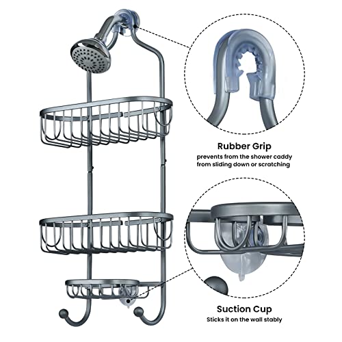 GOODBUY Shower Caddy Over Shower Head, Aluminum Shower Organizer Hanging, Rustproof Shower Rack Shower Shelf Shower Holder for Shampoo and Soap with 2 Wash Cloth Hooks, Gray, 11.8" x 4.7" x 25"