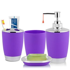 bathroom accessories set, 4pcs bathroom vanity accessory include soap dispenser pump, toothbrush holder, toothbrush cup, soap dish(purple)