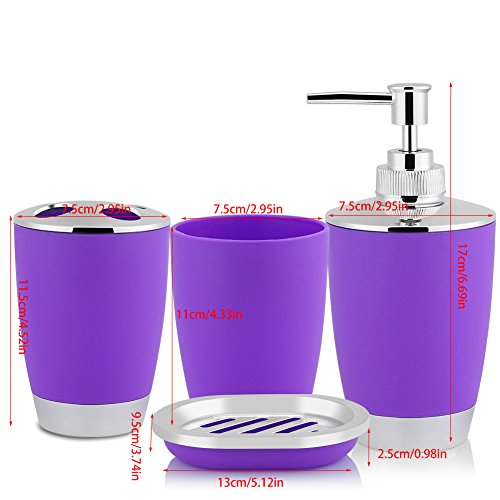 Bathroom Accessories Set, 4pcs Bathroom Vanity Accessory Include Soap Dispenser Pump, Toothbrush Holder, Toothbrush Cup, Soap Dish(Purple)