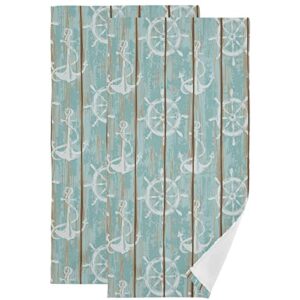 wamika nautical theme anchor hand bath towel hanging towels set vintage wood board print turquoise kitchen dish towel highly absorbent 2pcs