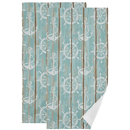 Wamika Nautical Theme Anchor Hand Bath Towel Hanging Towels Set Vintage Wood Board Print Turquoise Kitchen Dish Towel Highly Absorbent 2pcs