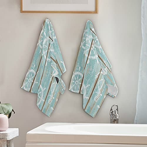 Wamika Nautical Theme Anchor Hand Bath Towel Hanging Towels Set Vintage Wood Board Print Turquoise Kitchen Dish Towel Highly Absorbent 2pcs