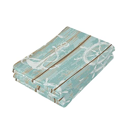 Wamika Nautical Theme Anchor Hand Bath Towel Hanging Towels Set Vintage Wood Board Print Turquoise Kitchen Dish Towel Highly Absorbent 2pcs