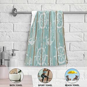 Wamika Nautical Theme Anchor Hand Bath Towel Hanging Towels Set Vintage Wood Board Print Turquoise Kitchen Dish Towel Highly Absorbent 2pcs