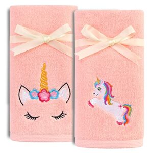 quera 2 pack unicorn hand towels 100 percent cotton embroidered premium luxury cute decor bathroom decorative dish set for drying, cleaning, cooking,girls kids gift 13.7'' x 29.5'',white,pink,rainbow