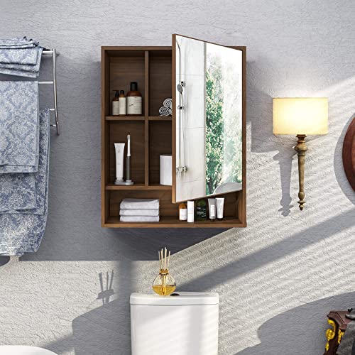 ChooChoo Bathroom Wall Mirror Cabinet, Medicine Cabinet with Single Door and Adjustable Shelf, Over The Toilet Space Saver Storage Cabinet, Walnut