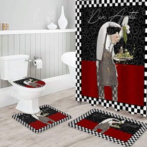 wohnkutu 4pcs bathroom shower curtain set, kitchen chef bathroom accessory shower curtain rugs set, food black white checkered red retro non-slip bath mat, toilet lid cover, 66" x 72"+samll set