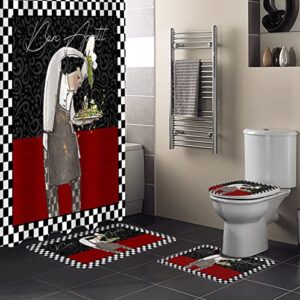 Wohnkutu 4Pcs Bathroom Shower Curtain Set, Kitchen Chef Bathroom Accessory Shower Curtain Rugs Set, Food Black White Checkered Red Retro Non-Slip Bath Mat, Toilet Lid Cover, 66" x 72"+Samll Set