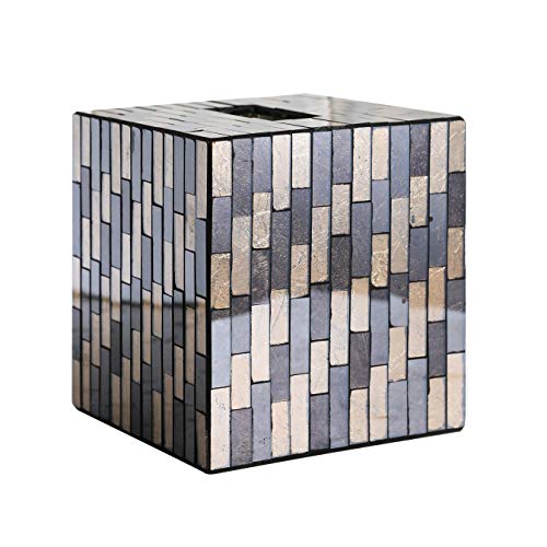 WHOLE HOUSEWARES | Mosaic Glass Tissue Holder | Tissues Cube Box Holder | Decorative Tissue Cover | Bathroom Accessory | Square Box Glass Tissue Case (Black and Gold)