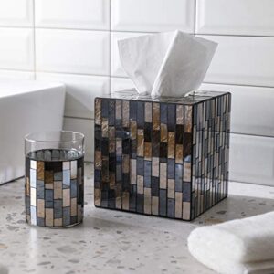 WHOLE HOUSEWARES | Mosaic Glass Tissue Holder | Tissues Cube Box Holder | Decorative Tissue Cover | Bathroom Accessory | Square Box Glass Tissue Case (Black and Gold)