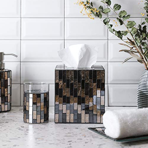 WHOLE HOUSEWARES | Mosaic Glass Tissue Holder | Tissues Cube Box Holder | Decorative Tissue Cover | Bathroom Accessory | Square Box Glass Tissue Case (Black and Gold)