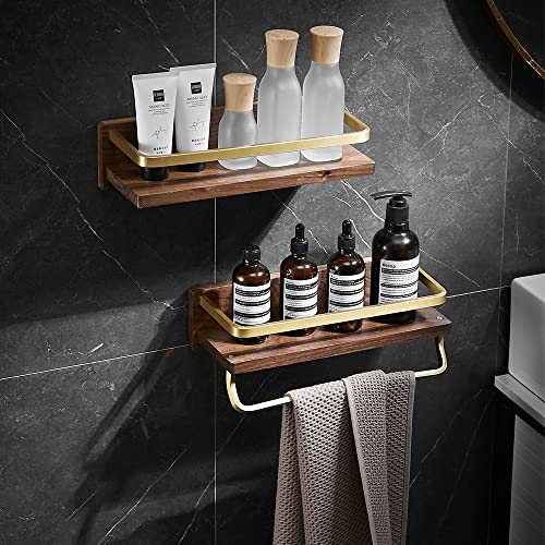 NEWRAIN 2-Pack Shower Caddy, Wood Shower Rack with Towel Holders for Kitchen Toilet Bathroom Shelves Shower Storage Organizer Wall Mounted