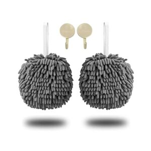 xinobo 2pack chenille hand drying puff towel balls, fuzzy ball towel quick dry with hook hanging, creative decorative bath towel set for bathroom kitchen - dry your hand instantly - (gray & gray)