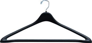 heavy duty black plastic suit hanger with fixed bar, (box of 100) sturdy 1/2 inch thick coat hangers with square topped chrome swivel hook by the great american hanger company