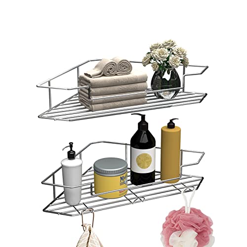 Corner Shower Caddy with Hooks, Self Adhesive Shower Organizer Shelves,No Drilling 2-Pack Rustproof 304 Stainless Steel Shower Storage Shelves for Bathroom & Kitchen