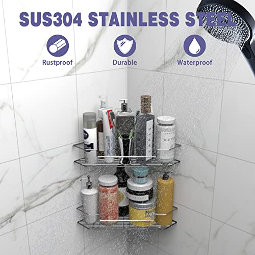 Corner Shower Caddy with Hooks, Self Adhesive Shower Organizer Shelves,No Drilling 2-Pack Rustproof 304 Stainless Steel Shower Storage Shelves for Bathroom & Kitchen