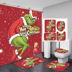 Christmas Shower Curtain Rug Bath Mat Toilet Lid Cover for Bathroom 4 Pcs Sets with 12 Hooks Weighted Lead Hem Waterproof Polyester Shower Curtains (Angel and Grin.ch-65(4 Pcs Sets), 72" L x 72" W)