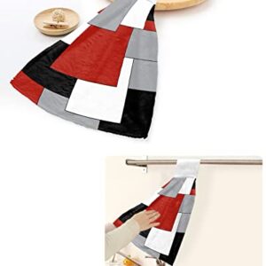 PIEPLE 2 PCS Kitchen Hand Towels, Irregular Geo Color Block Soft Plush Hanging Tie Towels with Loop for Kitchen Bathroom Dish Cloth Tea Bar Towel White Grey Black Red Abstract Geometric