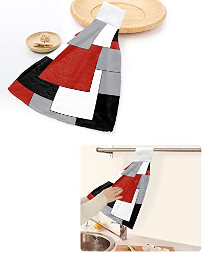 PIEPLE 2 PCS Kitchen Hand Towels, Irregular Geo Color Block Soft Plush Hanging Tie Towels with Loop for Kitchen Bathroom Dish Cloth Tea Bar Towel White Grey Black Red Abstract Geometric