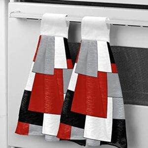 PIEPLE 2 PCS Kitchen Hand Towels, Irregular Geo Color Block Soft Plush Hanging Tie Towels with Loop for Kitchen Bathroom Dish Cloth Tea Bar Towel White Grey Black Red Abstract Geometric