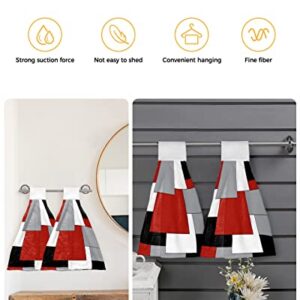 PIEPLE 2 PCS Kitchen Hand Towels, Irregular Geo Color Block Soft Plush Hanging Tie Towels with Loop for Kitchen Bathroom Dish Cloth Tea Bar Towel White Grey Black Red Abstract Geometric