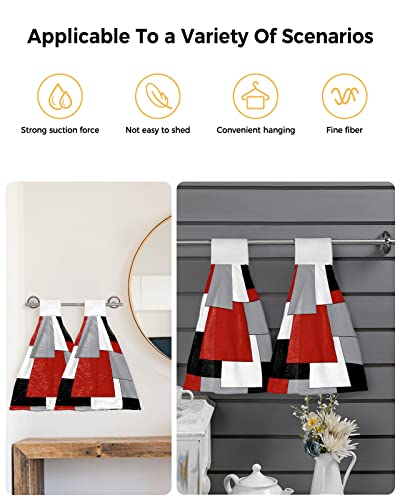 PIEPLE 2 PCS Kitchen Hand Towels, Irregular Geo Color Block Soft Plush Hanging Tie Towels with Loop for Kitchen Bathroom Dish Cloth Tea Bar Towel White Grey Black Red Abstract Geometric