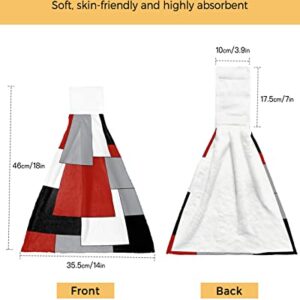 PIEPLE 2 PCS Kitchen Hand Towels, Irregular Geo Color Block Soft Plush Hanging Tie Towels with Loop for Kitchen Bathroom Dish Cloth Tea Bar Towel White Grey Black Red Abstract Geometric