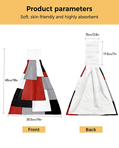 PIEPLE 2 PCS Kitchen Hand Towels, Irregular Geo Color Block Soft Plush Hanging Tie Towels with Loop for Kitchen Bathroom Dish Cloth Tea Bar Towel White Grey Black Red Abstract Geometric