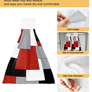 PIEPLE 2 PCS Kitchen Hand Towels, Irregular Geo Color Block Soft Plush Hanging Tie Towels with Loop for Kitchen Bathroom Dish Cloth Tea Bar Towel White Grey Black Red Abstract Geometric