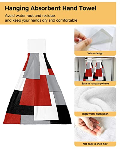 PIEPLE 2 PCS Kitchen Hand Towels, Irregular Geo Color Block Soft Plush Hanging Tie Towels with Loop for Kitchen Bathroom Dish Cloth Tea Bar Towel White Grey Black Red Abstract Geometric