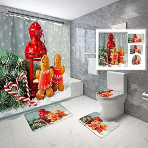 4 piece christmas gingerbread man shower curtain waterproof christmas gingerbread cookies man bathroom sets with non-slip rugs, toilet lid cover and bath mat with standard size