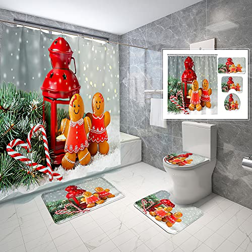 4 Piece Christmas Gingerbread Man Shower Curtain Waterproof Christmas Gingerbread Cookies Man Bathroom Sets with Non-Slip Rugs, Toilet Lid Cover and Bath Mat with Standard Size