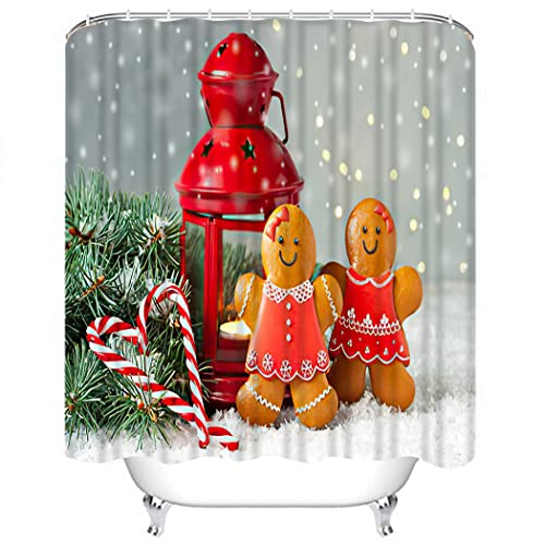 4 Piece Christmas Gingerbread Man Shower Curtain Waterproof Christmas Gingerbread Cookies Man Bathroom Sets with Non-Slip Rugs, Toilet Lid Cover and Bath Mat with Standard Size