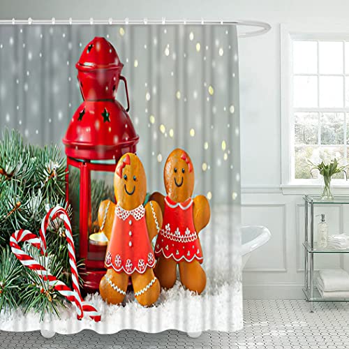 4 Piece Christmas Gingerbread Man Shower Curtain Waterproof Christmas Gingerbread Cookies Man Bathroom Sets with Non-Slip Rugs, Toilet Lid Cover and Bath Mat with Standard Size