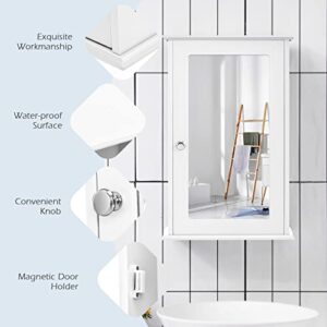 Tangkula Mirrored Bathroom Cabinet, Wall Mount Storage Cabinet with Single Door, Bathroom Medicine Cabinet (White)