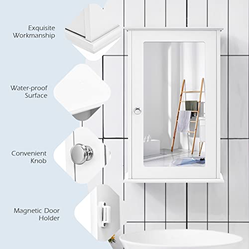 Tangkula Mirrored Bathroom Cabinet, Wall Mount Storage Cabinet with Single Door, Bathroom Medicine Cabinet (White)