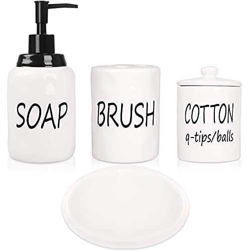 Gails Willing Bathroom Accessories Set, Ceramics Farmhouse Bathroom Decor Accessory Completes with Soap Dispenser, Cotton Jar, Vanity Tray, Toothbrush Holder (White)