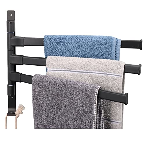 TocTen Swivel Towel Rack, Rustproof and Durable Space Saving Towel Hanger, Towel Bar Swing Out 180° Rotation, Wall Mounted/Glue Mounted Towel Rod with Hook for Bathroom, Kitchen (3-Arm, Black)