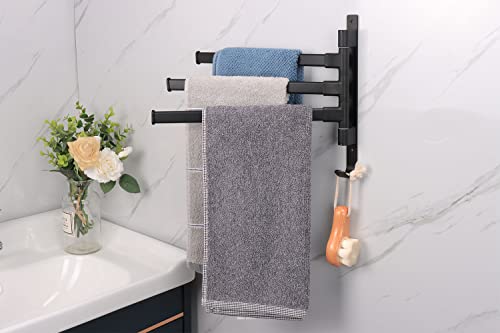 TocTen Swivel Towel Rack, Rustproof and Durable Space Saving Towel Hanger, Towel Bar Swing Out 180° Rotation, Wall Mounted/Glue Mounted Towel Rod with Hook for Bathroom, Kitchen (3-Arm, Black)