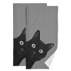 black cat hand towels set of 2 vertical stripe absorbent soft dry towel dish towels for bathroom laundry room spa decor