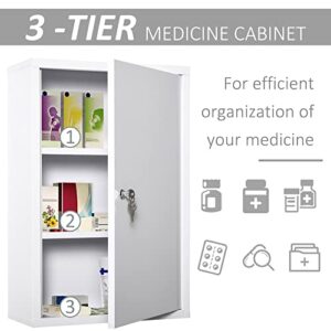 kleankin Steel Wall Mount Medicine Cabinet 3 Tier Emergency Box for Bathroom Kitchen, Lockable with 2 Keys, White