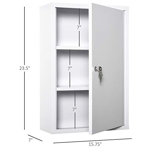 kleankin Steel Wall Mount Medicine Cabinet 3 Tier Emergency Box for Bathroom Kitchen, Lockable with 2 Keys, White