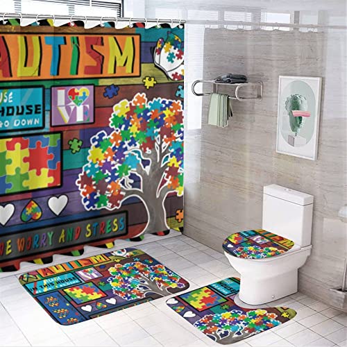 Autism Awareness 4-Piece Shower Curtain Set, Shower Curtain, Non-Slip Carpet, Toilet Lid and Bath Mat, It Looks Durable and Waterproof, Suitable for Overall Bathroom Decoration