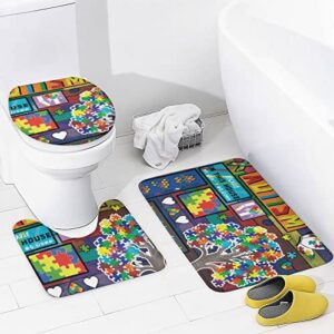 Autism Awareness 4-Piece Shower Curtain Set, Shower Curtain, Non-Slip Carpet, Toilet Lid and Bath Mat, It Looks Durable and Waterproof, Suitable for Overall Bathroom Decoration